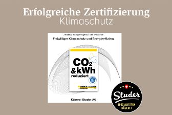 Hinweis auf erfolgreiche Klimaschutz-Zertifizierung der Käserei Studer.