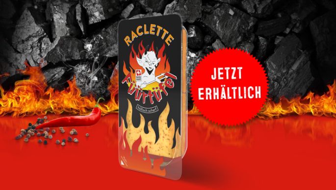 Werbesujet für Füürtüfel Raclette Käse, der wieder erhältlich ist.