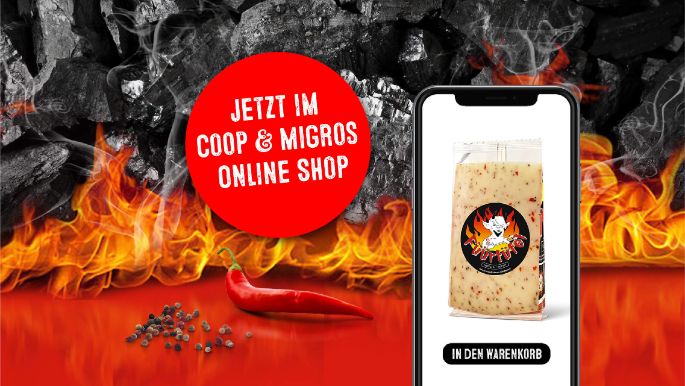 Werbesujet für Füürtüfel Käse, der im Coop &amp; Migros Online-Shop erhältlich ist.